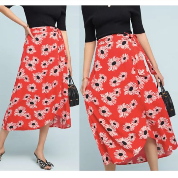 Anthropologie 52 Conversations Colloquial Red Floral Print Wrap Midi Skirt - Picture 2 of 9